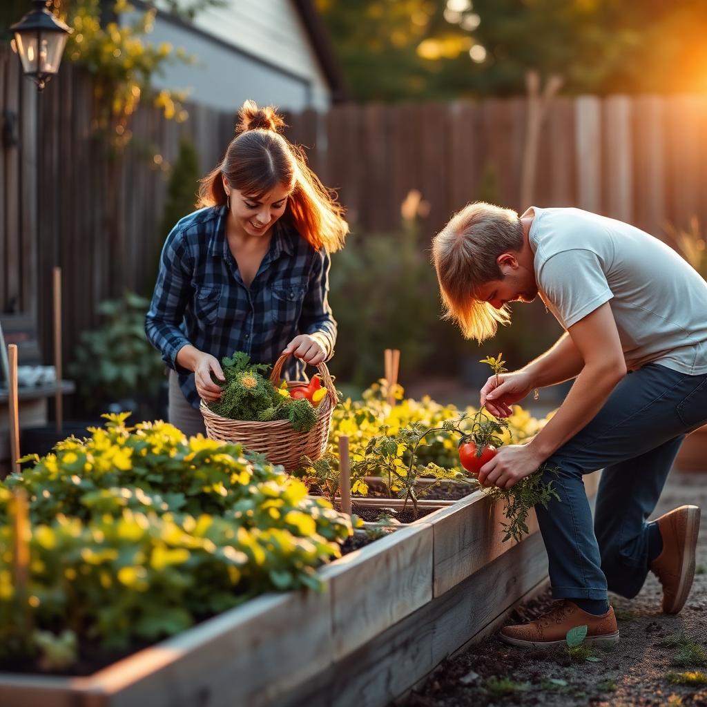 A couple tending a raised-bed vegetable garden together at golden hour, one holding a basket of fresh harvest